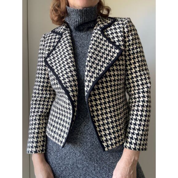 Womens Houndstooth Cropped Blazer/Jacket size 2 Linda Allard Crm/Black Classic - Picture 1 of 12